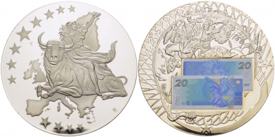 Нидерланды медаль 2002 похищение Европы, купюра 20 евро , европробник, серебрение, цветная эмаль, диаметр 50 мм., вес 54 гр.  медно-никель  PROOF  1066-9-42