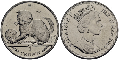 Остров Мэн 1 крона 2000 котенок играет с глобусом КМ 1056 медно-никель UNC M92-11