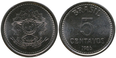 Бразилия 5 сентаво 1986 KM 601, Schon 110 нержавеющая сталь UNC 4567-954