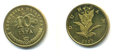 Хорватия 10 лип 2003 табак обыкновенный, легенда на хорватском KM 6 сталь плакированная латунью UNC 3999-857