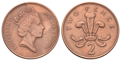 Великобритания 2 пенса 1996 Елизавета II (1952-2022) KM 936a, Spink 4376 (C4) сталь плакированная медью 4671-537