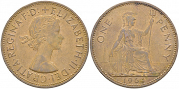 Великобритания 1 пенни 1964 Елизавета II (1952-2022) KM 897, Spink 4157 бронза 4403-826