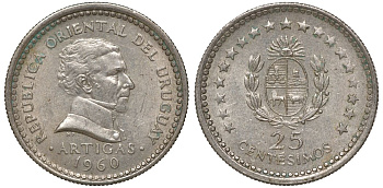 Уругвай 25 сентесимо 1960 KM 40 медно-никель 4169-926