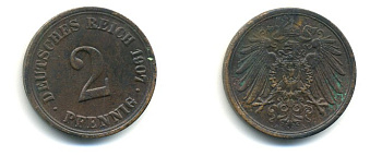 ГЕРМАНИЯ 2 ПФЕННИГА 1907 A KM 16, J. 11 медь 4379-958