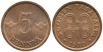 Финляндия 5 пенни 1970 KM 45 медь 100-1268