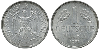 ФРГ 1 МАРКА 1972 F KM 110, J. 385 медно-никель aUNC 72-826