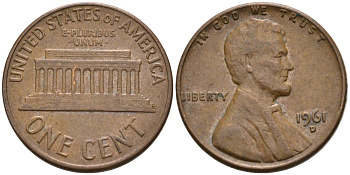 США 1 цент 1961 D, Авраам Линкольн KM 201 медь цинк 4564-355