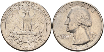 США 25 центов (квотер) 1974 Вашингтон KM 164a медь плакированная медно-никелем 4575-136