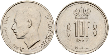 Люксембург 10 франков 1977 Великий герцог Жан (1964-2000) KM 57 никель 4157-424