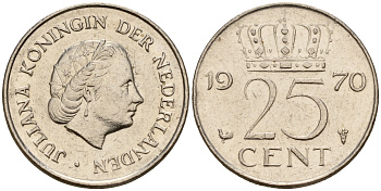Нидерланды 25 центов 1970 Юлиана (1949-1980) KM 183 никель    4598-456