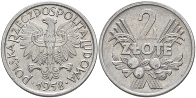 Польша 2 злотых 1958 MW KM 46, Parchimowicz 216a алюминий UNC 4545-333