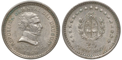 Уругвай 25 сентесимо 1960 KM 40 медно-никель 4169-926