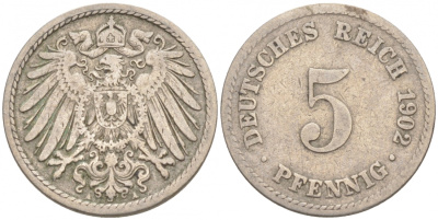 ГЕРМАНИЯ 5 ПФЕННИГОВ 1902 A, KM 11, J. 12 медно-никель 73-1564