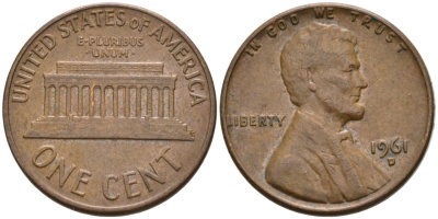 США 1 цент 1961 D, Авраам Линкольн KM 201 медь цинк 4564-355