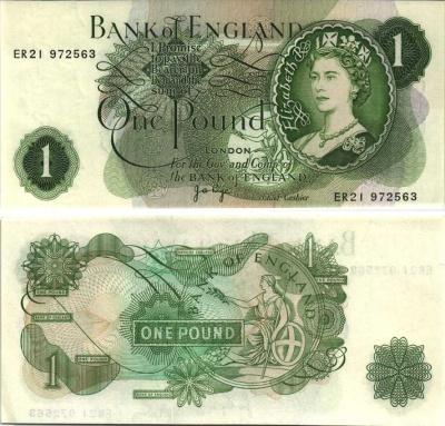 АНГЛИЯ 1 ФУНТ 1970-1977 ПОДПИСЬ J.B. PAGE Pick 374g бумага UNC (ПРЕСС) 7214-14-1