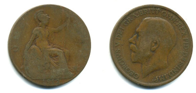 Великобритания 1 пенни 1912 Георг V (1910-1936) KM 810, Spink 4051 бронза 47-1226