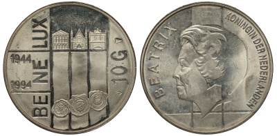 Нидерланды 10 гульденов 1994 50 лет Бе-Ни-Люкс, три здания парламентов KM 216 серебро UNC 413-3925