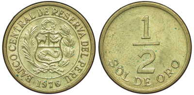 Перу 1/2 соля 1976 KM 265 латунь 4189-958