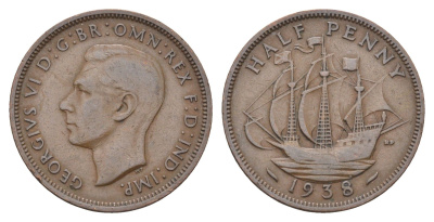 Великобритания 1/2 пенни 1938 Георг VI (1936-1952) KM 844, Spink 4115 бронза    4660-612
