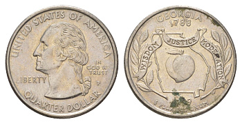 США 25 центов (квотер, 1/4 доллара) 1999 Квотер штата Джорджия KM 296 медь плакированный медно-никелем 4628-1116