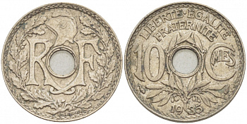 ФРАНЦИЯ 10 САНТИМОВ 1935 ТИП ЛИНДАЙЁ KM 866а, LE FRANC 138.22 медно-никель 4402-813