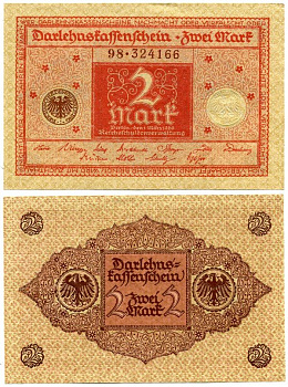 ГЕРМАНИЯ 2 МАРКИ 1920 1 МАРТА 1920, ВЕЙМАРСКАЯ РЕСПУБЛИКА, КРАСНАЯ, СЕРИЯ 98 Pick 59, Rosenberg 65b бумага 7523-7-4