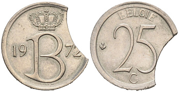 Бельгия 25 сантимов 1972 БРАК КРУЖКА KM 154.1 медно-никель 4549-926