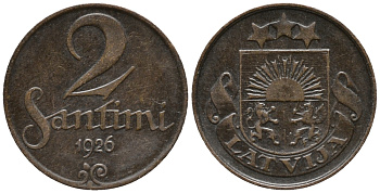 ЛАТВИЯ 2 САНТИМА 1926 ПЕРВАЯ РЕСПУБЛИКА (1918-1939) KM 2 бронза 100-1225