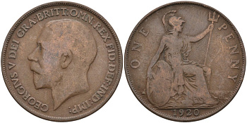 Великобритания 1 пенни 1920 Георг V (1910-1936) KM 810, Spink 4051 бронза 4572-1245