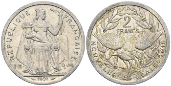 Французская Новая Каледония 2 франка 1991 птица кагу, (IEOM) KM 14, Schoen 11, Lec 67 алюминий    27-1211