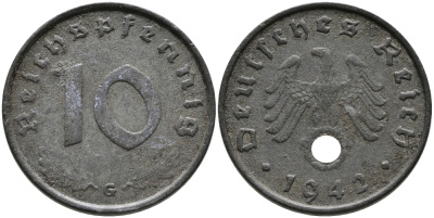 ГЕРМАНИЯ 10 РЕЙХСПФЕННИГОВ 1942 G KM 101, J.371 цинк 95-817