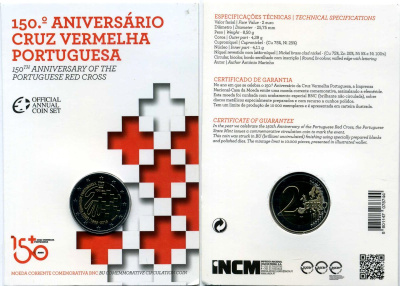 Португалия 2 евро 2015 150 лет Португальскому обществу Красного креста, запайка, картонный буклет KM 850 биметалл BUNC 3-4-8-40
