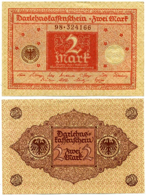 ГЕРМАНИЯ 2 МАРКИ 1920 1 МАРТА 1920, ВЕЙМАРСКАЯ РЕСПУБЛИКА, КРАСНАЯ, СЕРИЯ 98 Pick 59, Rosenberg 65b бумага 7523-7-4