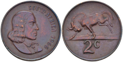 ЮАР 2 цента 1966 Ян ван Рибек (1619-1677), South Africa, легенда на английском, антилопа гну KM 66.1 бронза 67-536