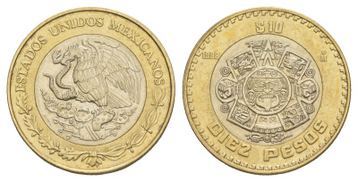Мексика 10 песо 1998 Мо, бог Тонатиуха с огненной маской KM 616 биметалл aUNC 4637-722
