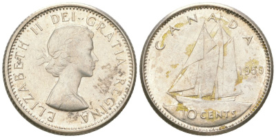 Канада 10 центов 1959 парусник, Елизавета II (1952-2022) KM 51 серебро 4615-961