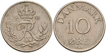 Дания 10 эре 1953 N; S, Фредерик IX (1947-1972) KM 841.1 медно-никель 08-1433
