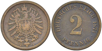 ГЕРМАНИЯ 2 ПФЕННИГА 1874 A, СТАРОГЕРБОВКА KM 2, J. 2, Weege 3 медь 212-432