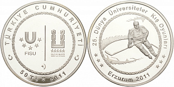 Турция 50 лир 2011 XXV зимняя Универсиада в Эрзурум 2011 года, хоккей KM NEW серебро PROOF 11-037-21