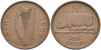 Ирландия 1/2 пенни 1965 свинья с поросятами KM 10 бронза 4561-1143