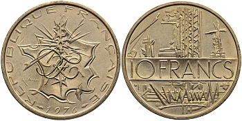 Франция 10 франков 1976 тип Матье KM 940, Le Franc 365.7-8 никель латунь UNC 4116-1141