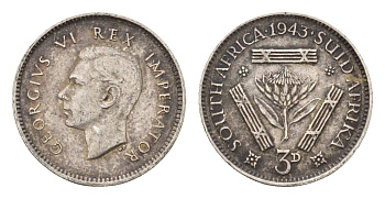 ЮАР 3 пенса 1943 Георг VI (1936-1952) KM 26 серебро 4549-217