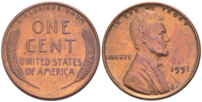 США 1 ЦЕНТ 1951 ЛИНКОЛЬН KM А132 медь цинк 3309-562
