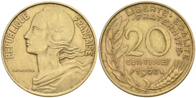 Франция 20 сантимов 1968 тип Марианна KM 930 медь алюминий никель 4116-517