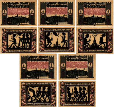 ГЛАУХАУ, ГЕРМАНИЯ НАБОР ИЗ 5 БАНКНОТ 1921 НОТГЕЛЬД, 1 ИЮНЯ 1921, ЗЕМЛЯ САКСОНИЯ ARNOLD KELLER 436.3 бумага 7553-12-2