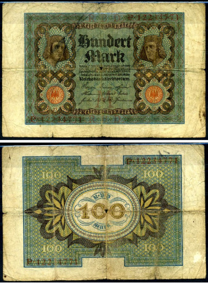 Германия 100 марок 1920 Бамбергский всадник, 8 цифр в номере, серия P, буква M Pick 69 b, Розенберг 69b бумага 7457-65-2-2