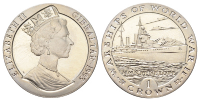 Гибралтар 1 крона 1993 Боевые корабли Второй мировой войны - HMS Penelope KM 119 медно-никель BU 1078-2-24