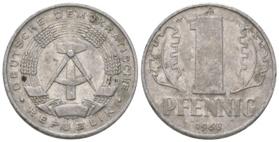 ГДР 1 пфенниг 1968 А КМ 8.1 алюминий 4651-1141