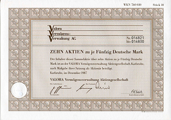 ФРГ 500 марок 1987 Акционерное общество по управлению активами Valora, десять акций   бумага  8803-114-1