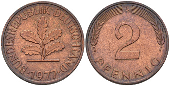 ФРГ 2 пфеннига 1977 D KM 106a, J. 381a сталь плакированная медью 66-444